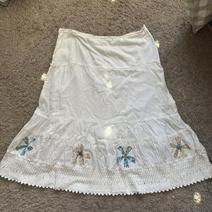 ISH White Midi Skirt with Blue and Brown Floral Accents